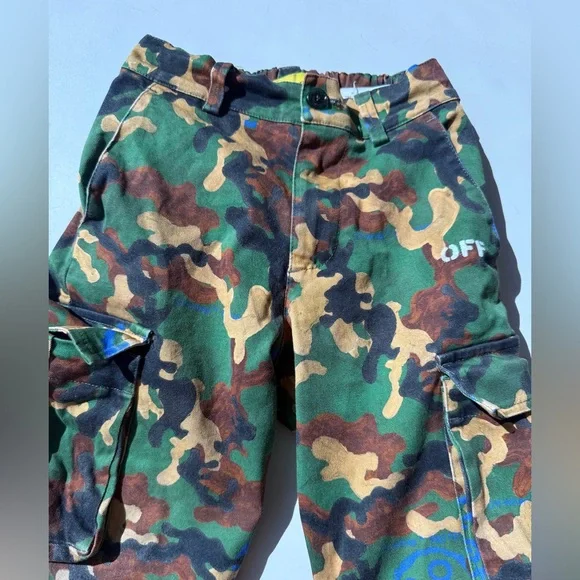 $505 Off White Kids Boys Camo Camouflage Print Khaki Cargo Pants Trousers Size 6